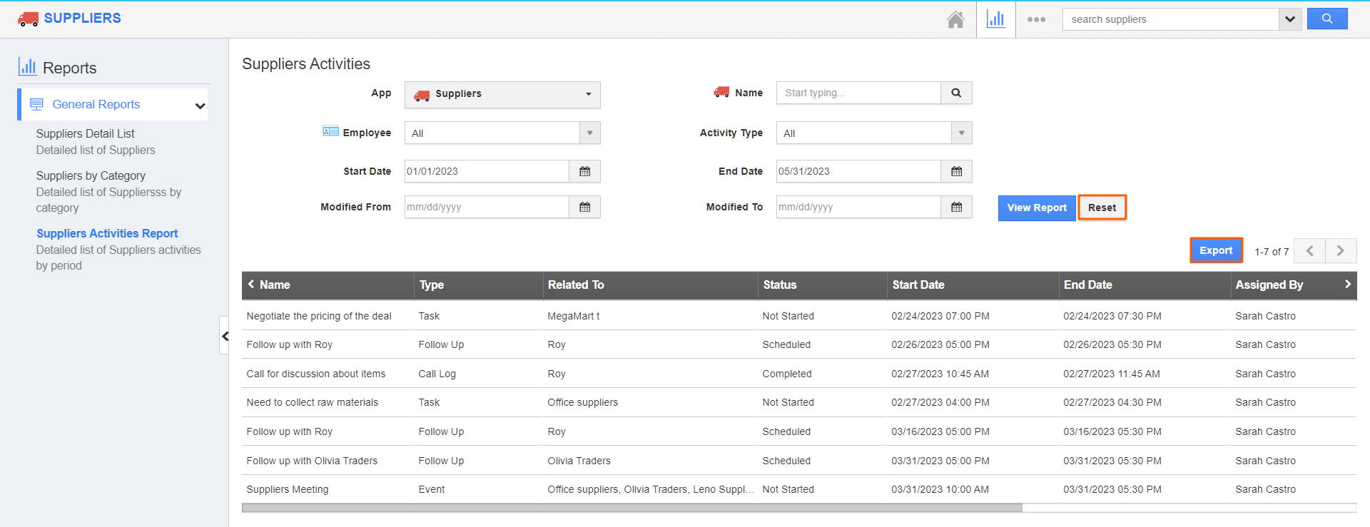 Suppliers - Reset and Export